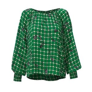 Cabi Voyage Long Sleeve Blouse‎ Green Polka Dot Tassel Top 4535 Womens Large
